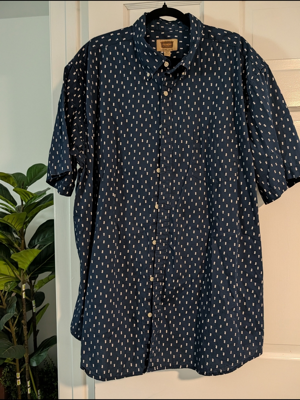 The Foundry Supply Co. Navy Short-Sleeve Button-Down with White Micro Dot Print